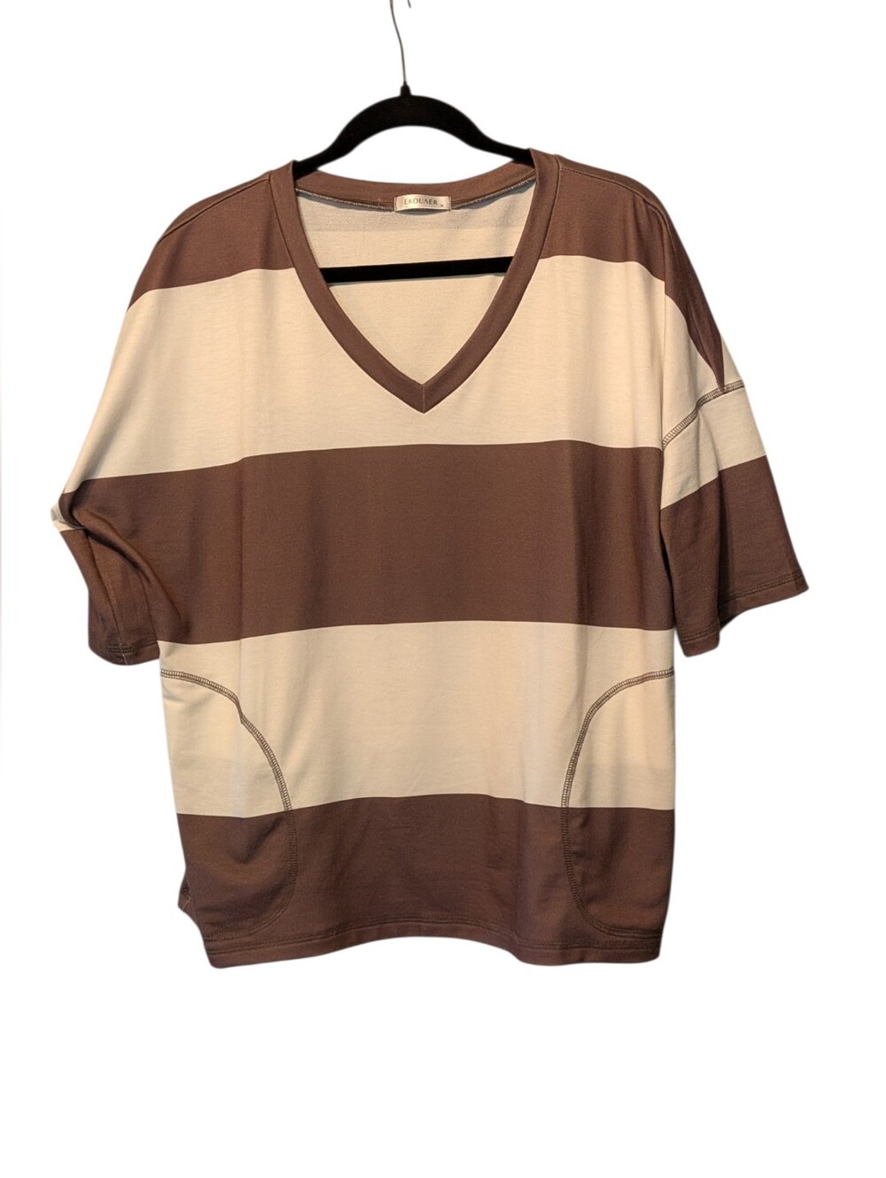 Relaxed V-Neck Striped Tee - Brown & Cream With Pockets